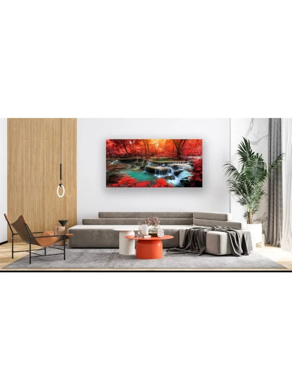 Stunning Red Forest Waterfall Canvas Art - Modern Landscape Wall Decor for Home